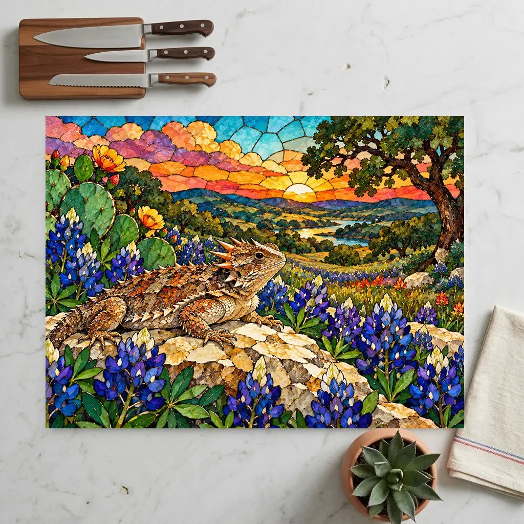 Texas Horned Lizard Glass Cutting Board, Bluebonnet Kitchen Decor, Texas Wildflower Cutting Board, Horny Toad Gift, Texas Housewarming Gift