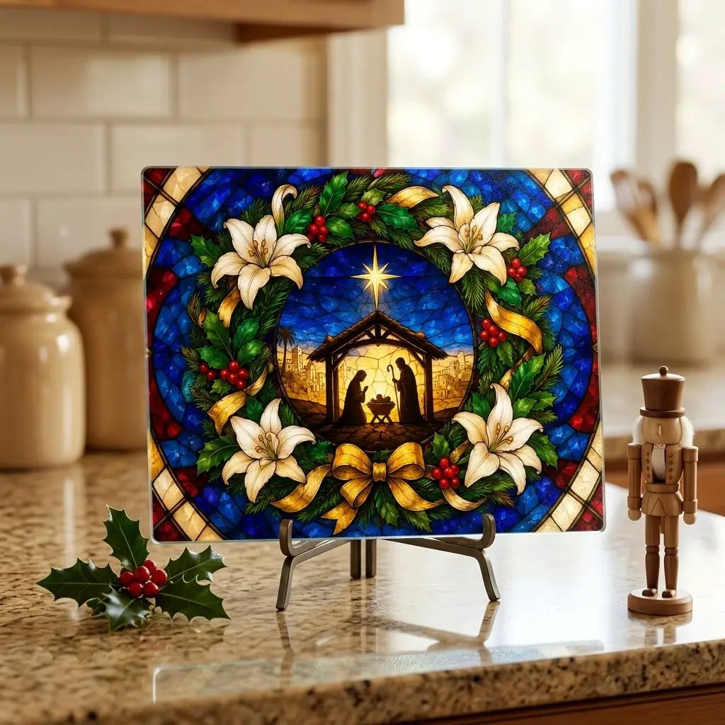 Nativity Glass Cutting Board, Stained Glass Christmas Decor, Holy Family Christian Kitchen Gift, Religious Christmas Cutting Board