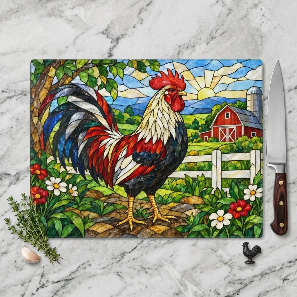 Rooster Glass Cutting Board, Red Barn Farmhouse Kitchen Decor, Country Rooster Art, Stained Glass Farm Decor, Rustic Kitchen Gift