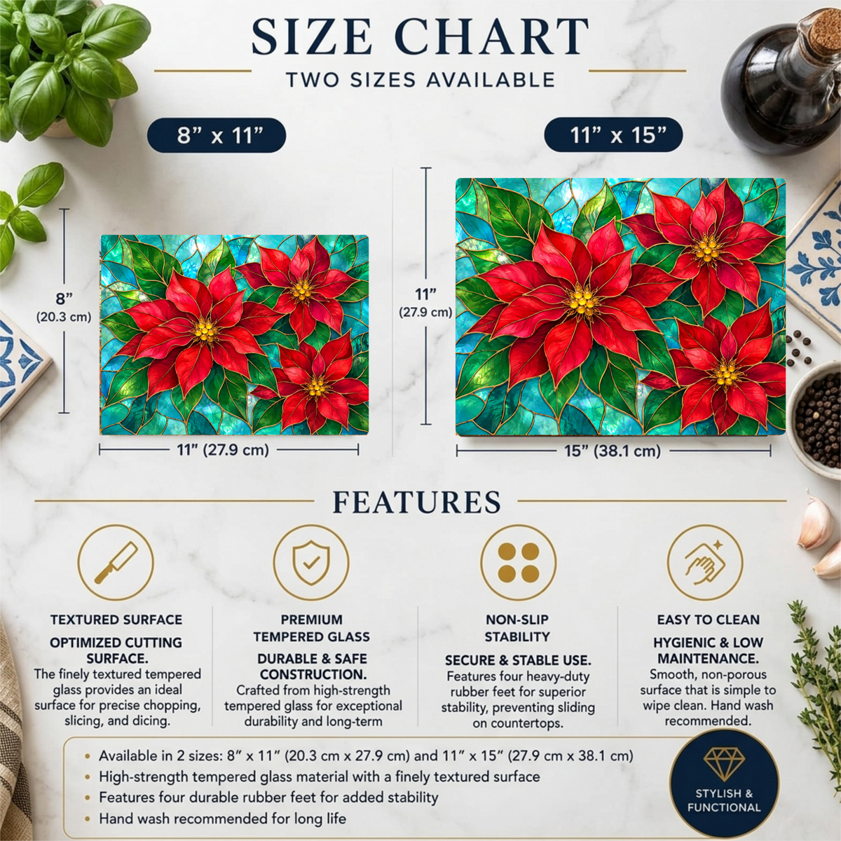 Christmas Poinsettia Glass Cutting Board, Red Floral Kitchen Decor, Tempered Chopping Board, Holiday Cooking Gift for Flower Lovers