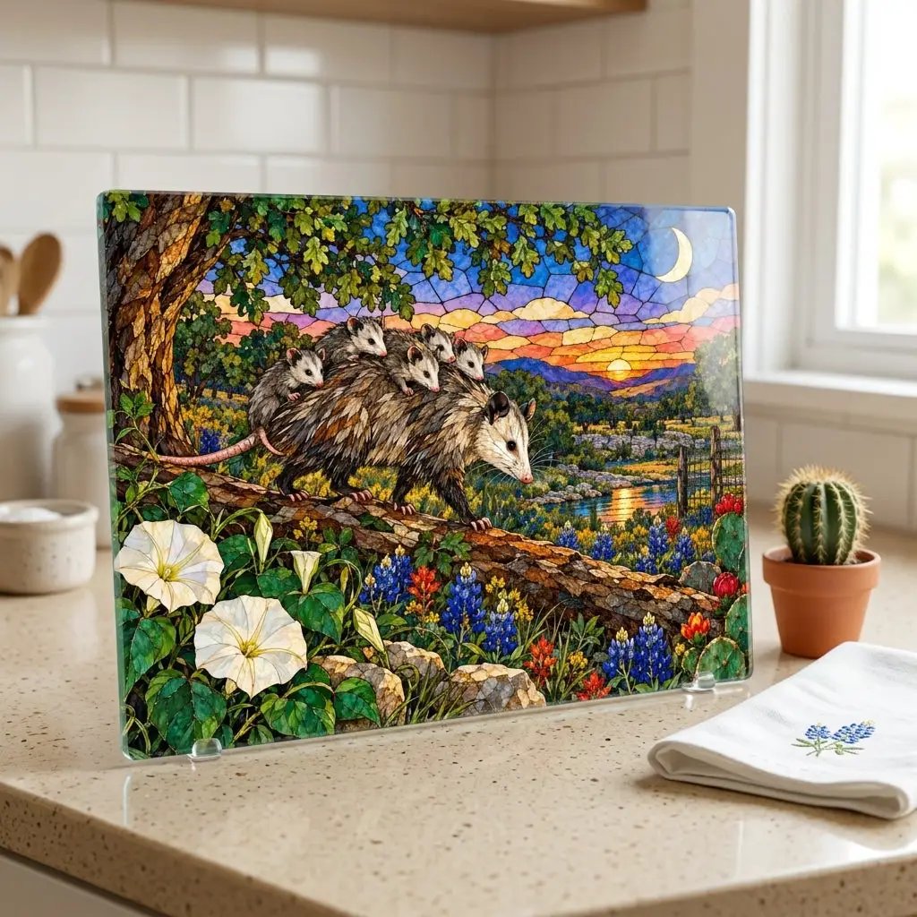 Possum Family Glass Cutting Board, Opossum Mom and Babies Gift, Texas Wildlife Kitchen Decor, Possum Lover Gift, Country Kitchen Art