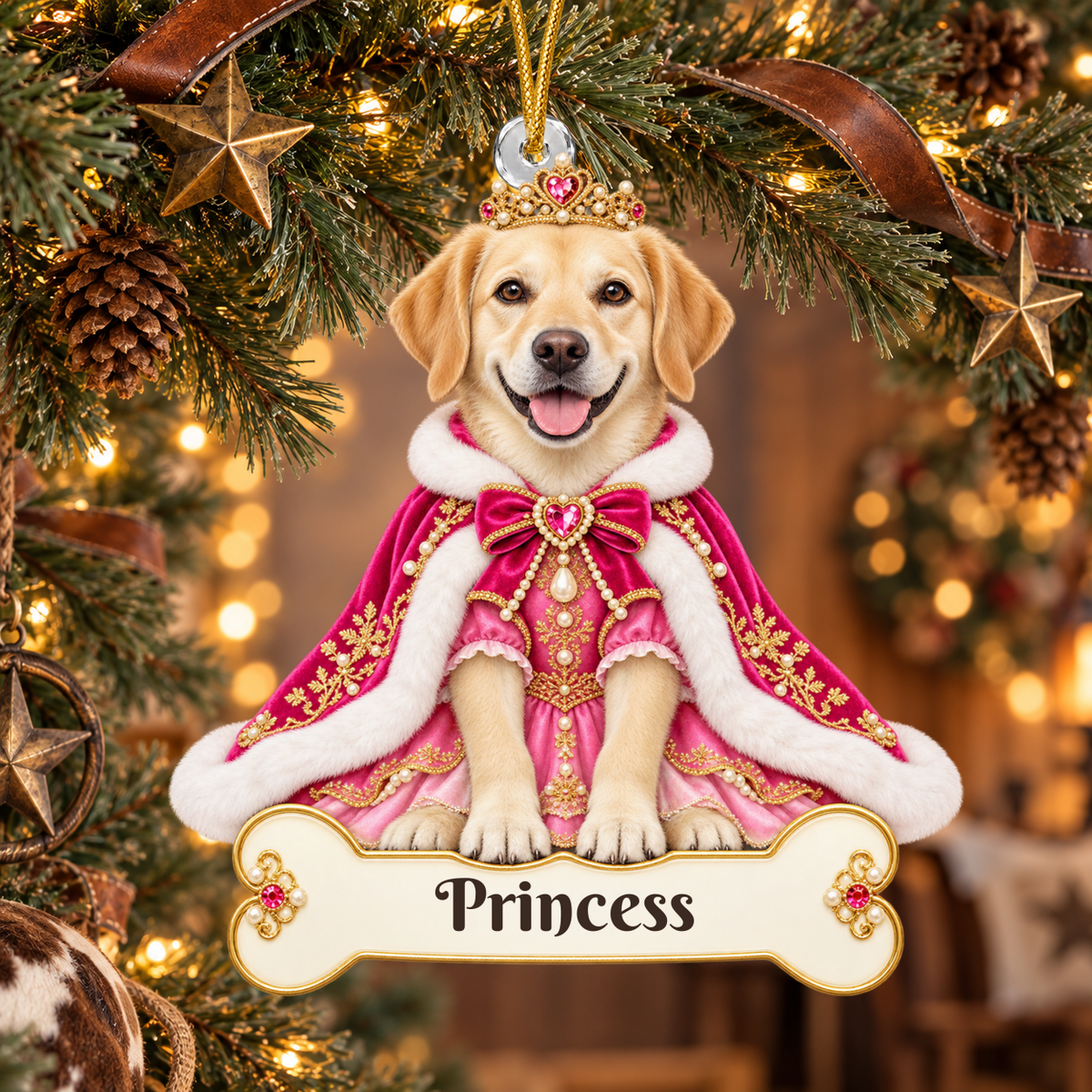 Personalized Princess Dog Ornament from Photo, Custom Pet Portrait Acrylic Cutout, Pink Royal Puppy Christmas Ornament, Dog Mom Gift
