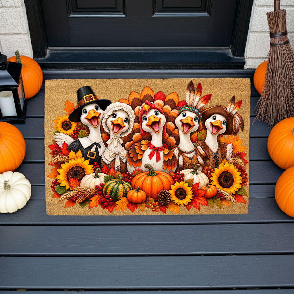 Thanksgiving Goose Doormat, Pilgrim Geese Welcome Mat, Funny Thanksgiving Porch Decor, Fall Coir Doormat, Harvest Front Door Mat