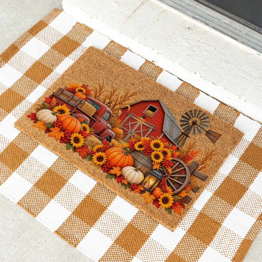 Fall Farmhouse Doormat, Country Barn Coir Mat, Pumpkin Harvest Welcome Mat, Rustic Autumn Porch Decor, Farmhouse Fall Door Mat