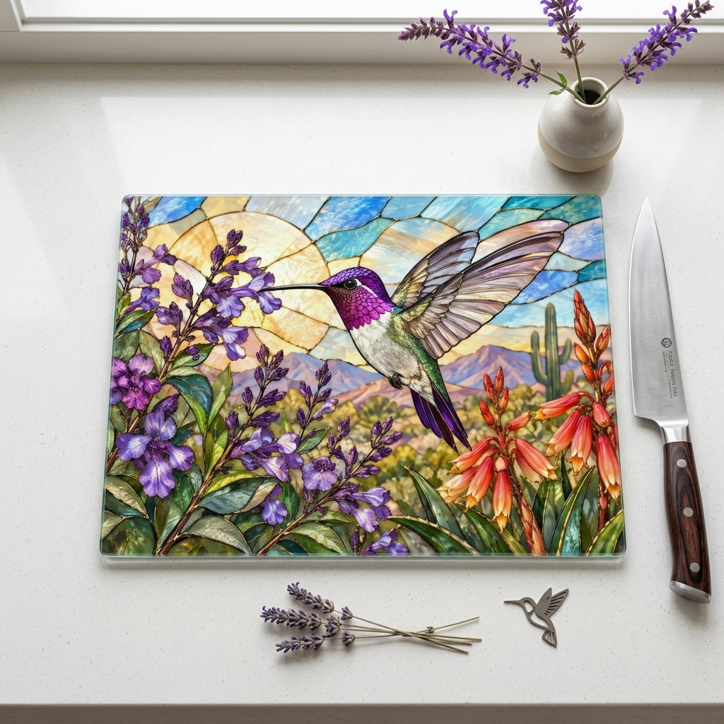 Hummingbird Cutting Board, Stained Glass Bird Kitchen Decor, Colorful Floral Glass Chopping Board, Nature Lover Gift, Hummingbird Gift