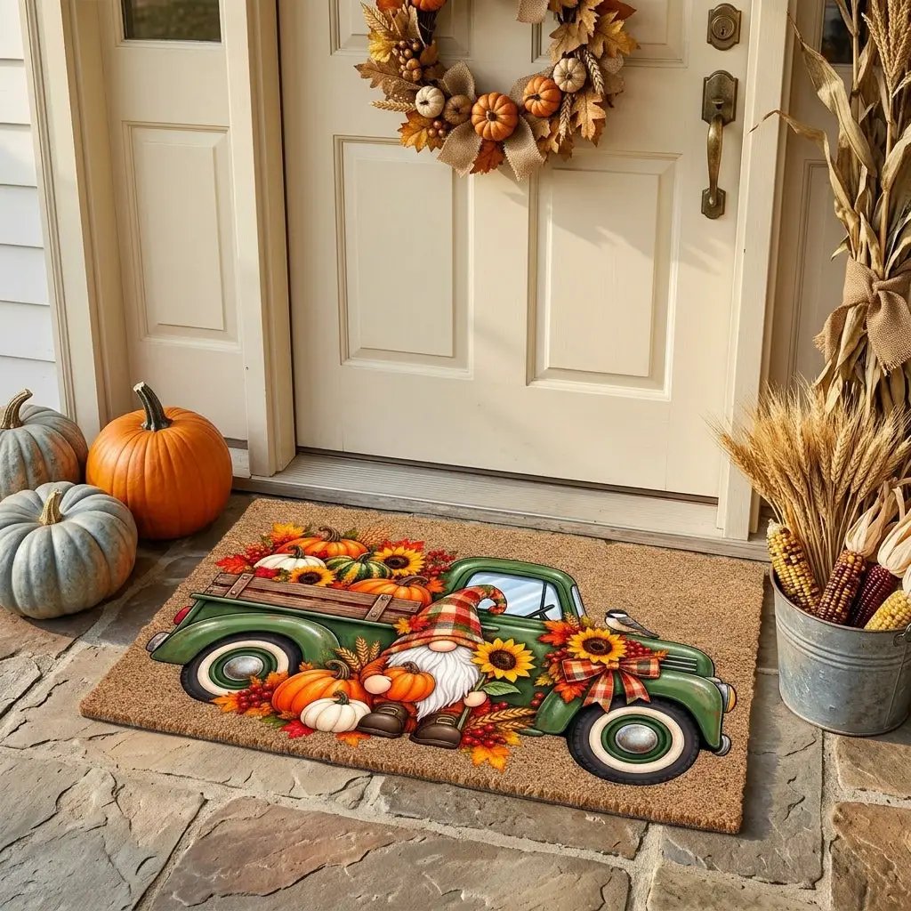 Fall Gnome Doormat, Vintage Green Truck Welcome Mat, Autumn Pumpkin Coir Doormat, Farmhouse Fall Porch Decor, Harvest Door Mat