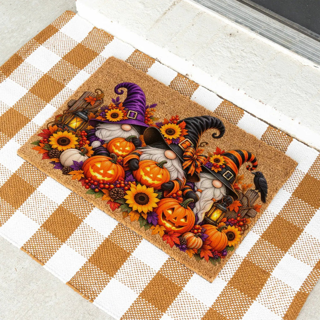 Halloween Gnome Doormat, Witch Gnomes & Pumpkins Coir Mat, Cute Spooky Fall Welcome Mat, Halloween Porch Decor, Autumn Door Mat