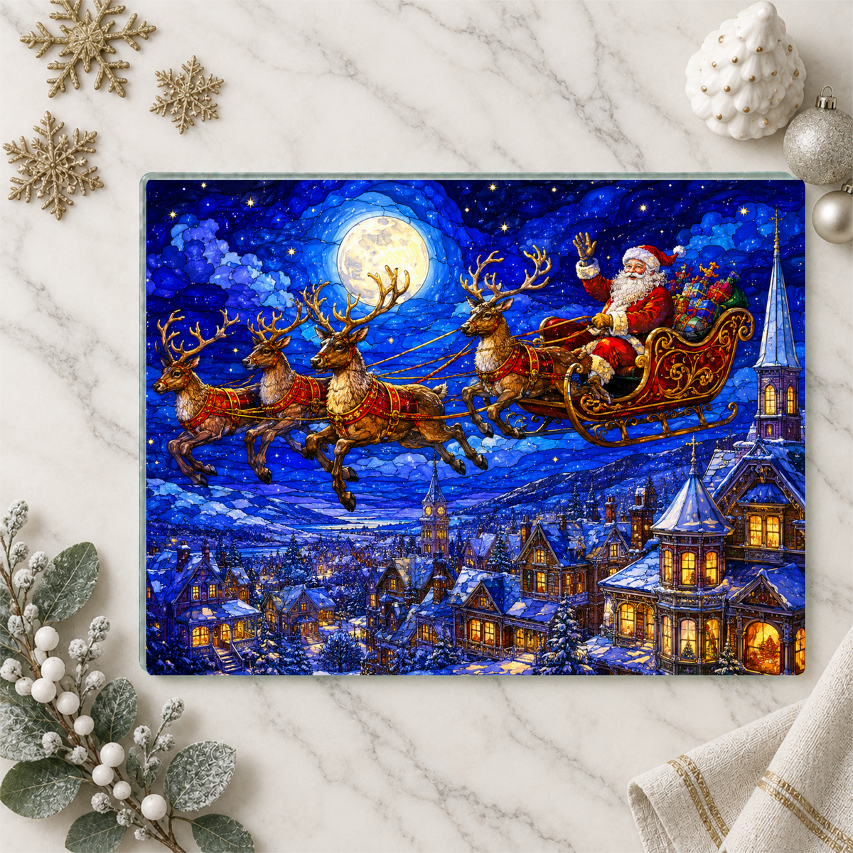 Santa Sleigh Glass Cutting Board, Reindeer Christmas Kitchen Decor, Christmas Eve Serving Board, Stained Glass Santa Gift, Holiday Decor