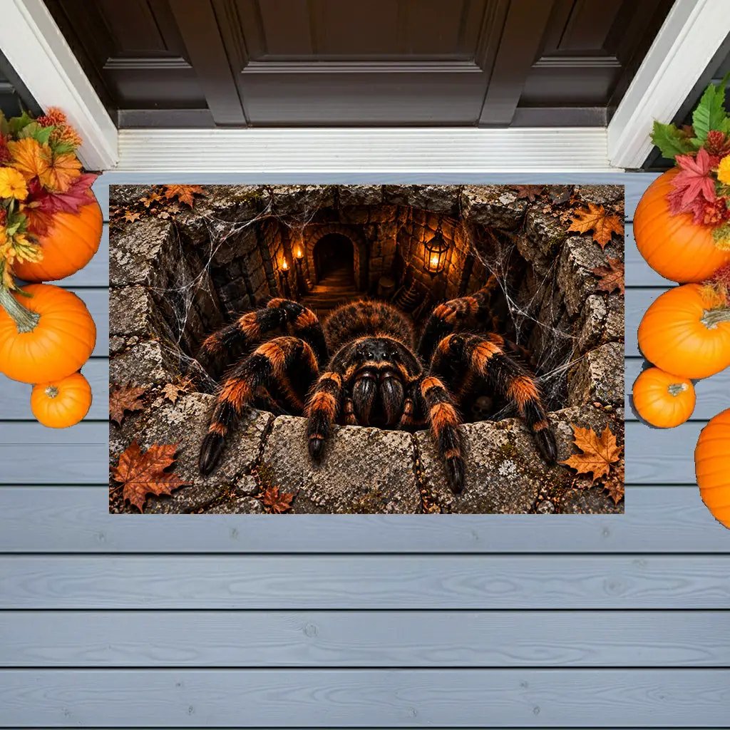 Giant Spider Halloween 3D Doormat, Scary Optical Illusion Welcome Mat, Creepy Spider Door Mat, Haunted House Halloween Porch Decor