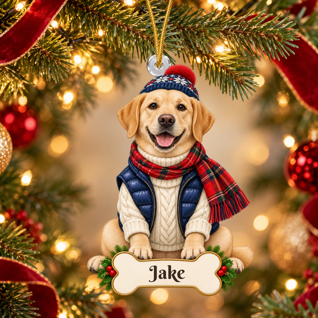 Personalized Alpine Skier Dog Christmas Ornament from Photo, Custom Pet Portrait Acrylic Cutout, Winter Sweater Dog Ornament, Dog Lover Gift