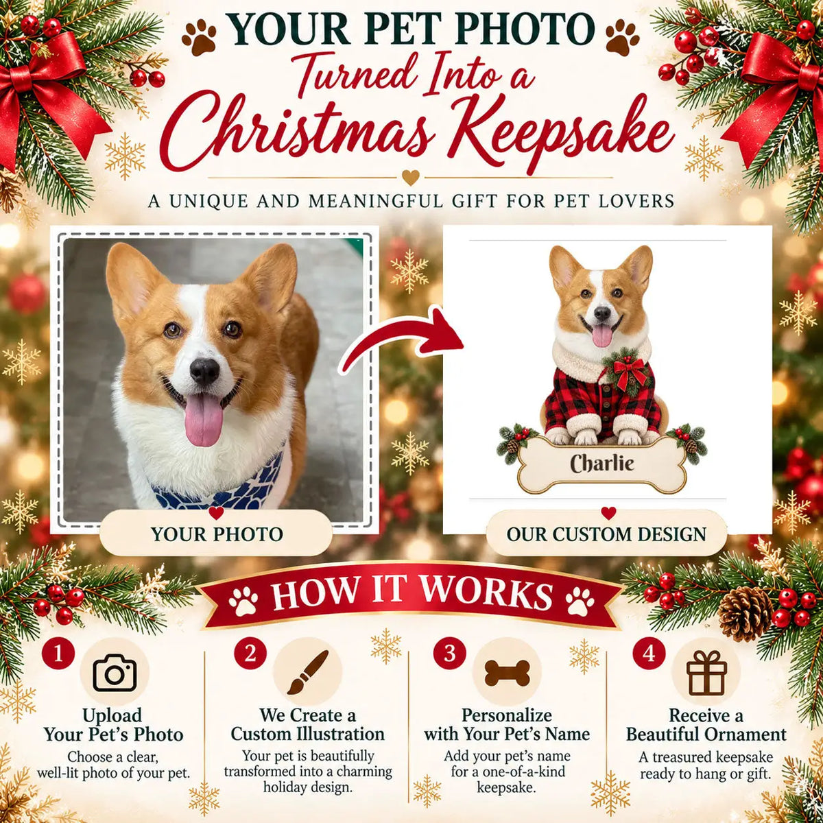 Personalized Dog Buffalo Plaid Pajamas Christmas Ornament from Photo, Custom Pet Portrait Acrylic Ornament, Rustic Holiday Dog Lover Gift
