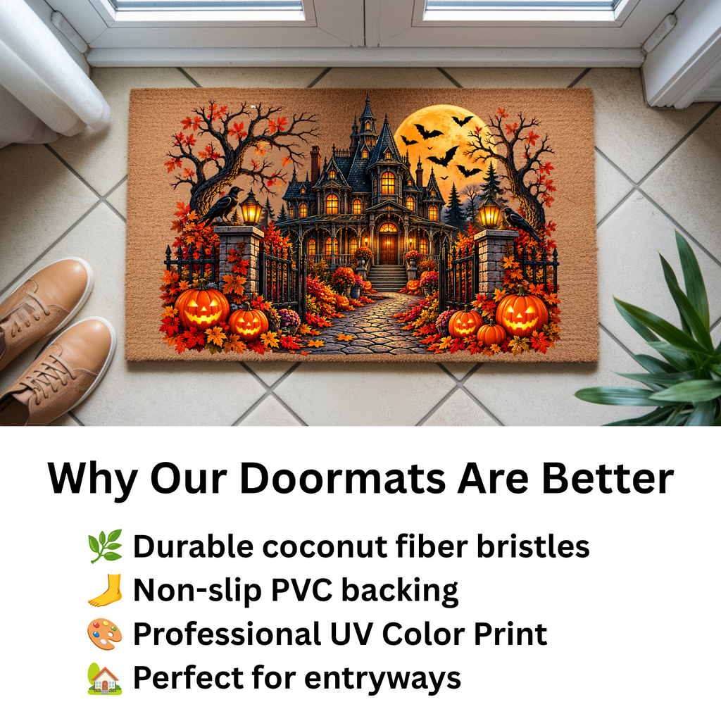 Spooky Mansion Doormat, Haunted House Halloween Welcome Mat, Raven & Pumpkin Coir Doormat, Gothic Fall Porch Decor, Halloween Door Mat