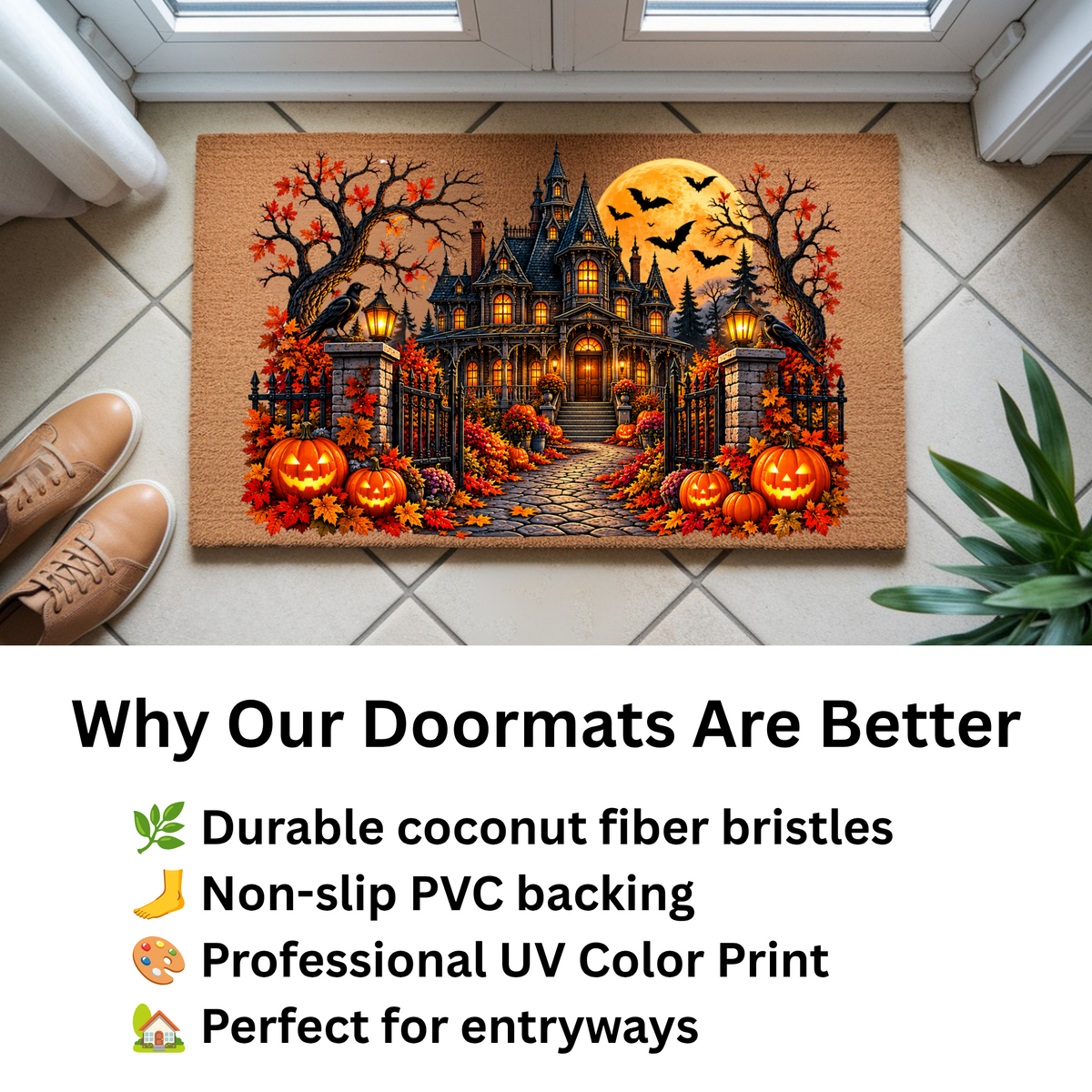 Spooky Mansion Doormat, Haunted House Halloween Welcome Mat, Raven & Pumpkin Coir Doormat, Gothic Fall Porch Decor, Halloween Door Mat