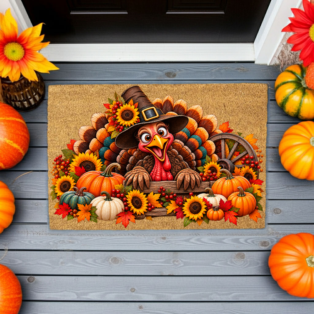 Thanksgiving Turkey Doormat, Funny Turkey Coir Mat, Fall Harvest Welcome Mat, Pumpkin & Sunflower Porch Decor, Thanksgiving Door Mat