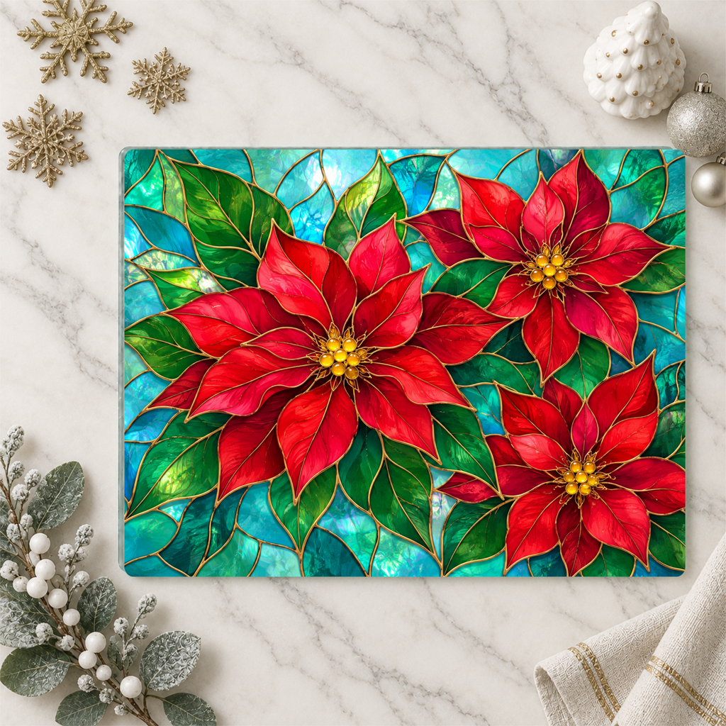 Christmas Poinsettia Glass Cutting Board, Red Floral Kitchen Decor, Tempered Chopping Board, Holiday Cooking Gift for Flower Lovers