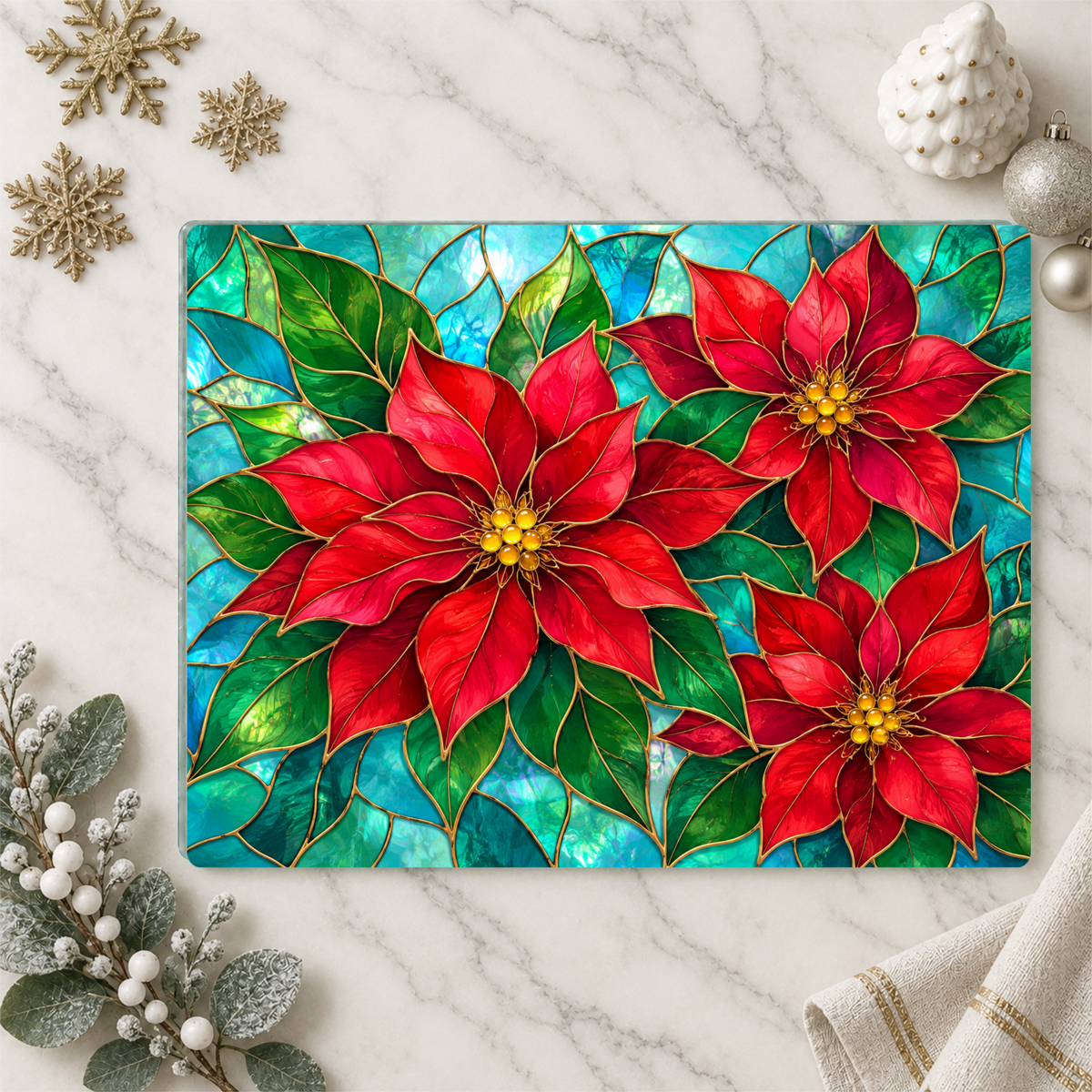 Christmas Poinsettia Glass Cutting Board, Red Floral Kitchen Decor, Tempered Chopping Board, Holiday Cooking Gift for Flower Lovers