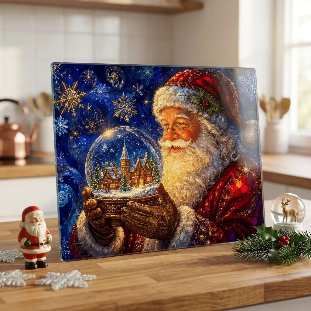 Santa Snow Globe Glass Cutting Board, Stained Glass Christmas Decor, Santa Claus Kitchen Gift, Holiday Serving Board, Christmas Gift