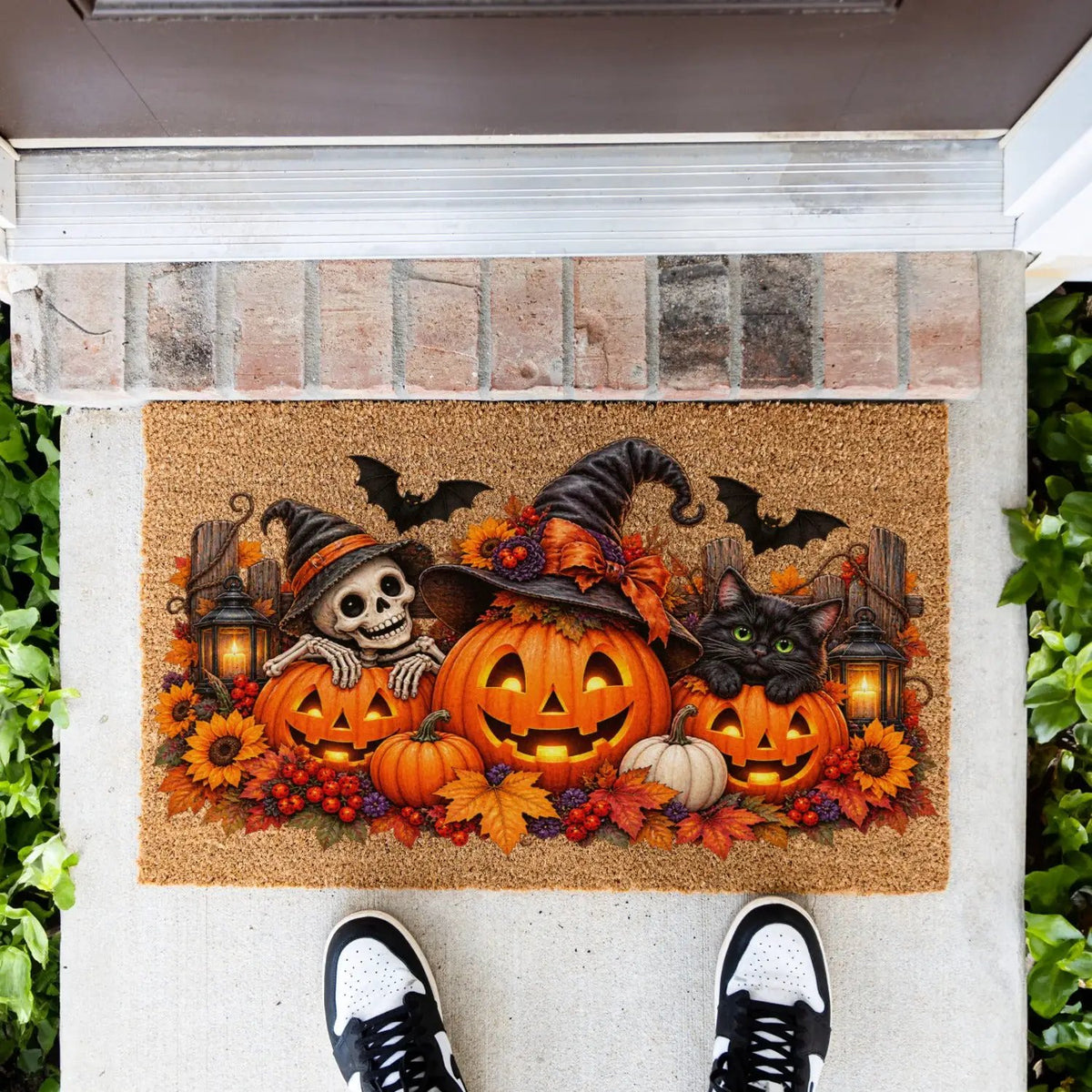 Halloween Doormat, Pumpkin Cat Skeleton Coir Mat, Spooky Fall Welcome Mat, Witch Pumpkin Door Mat, Halloween Porch Decor