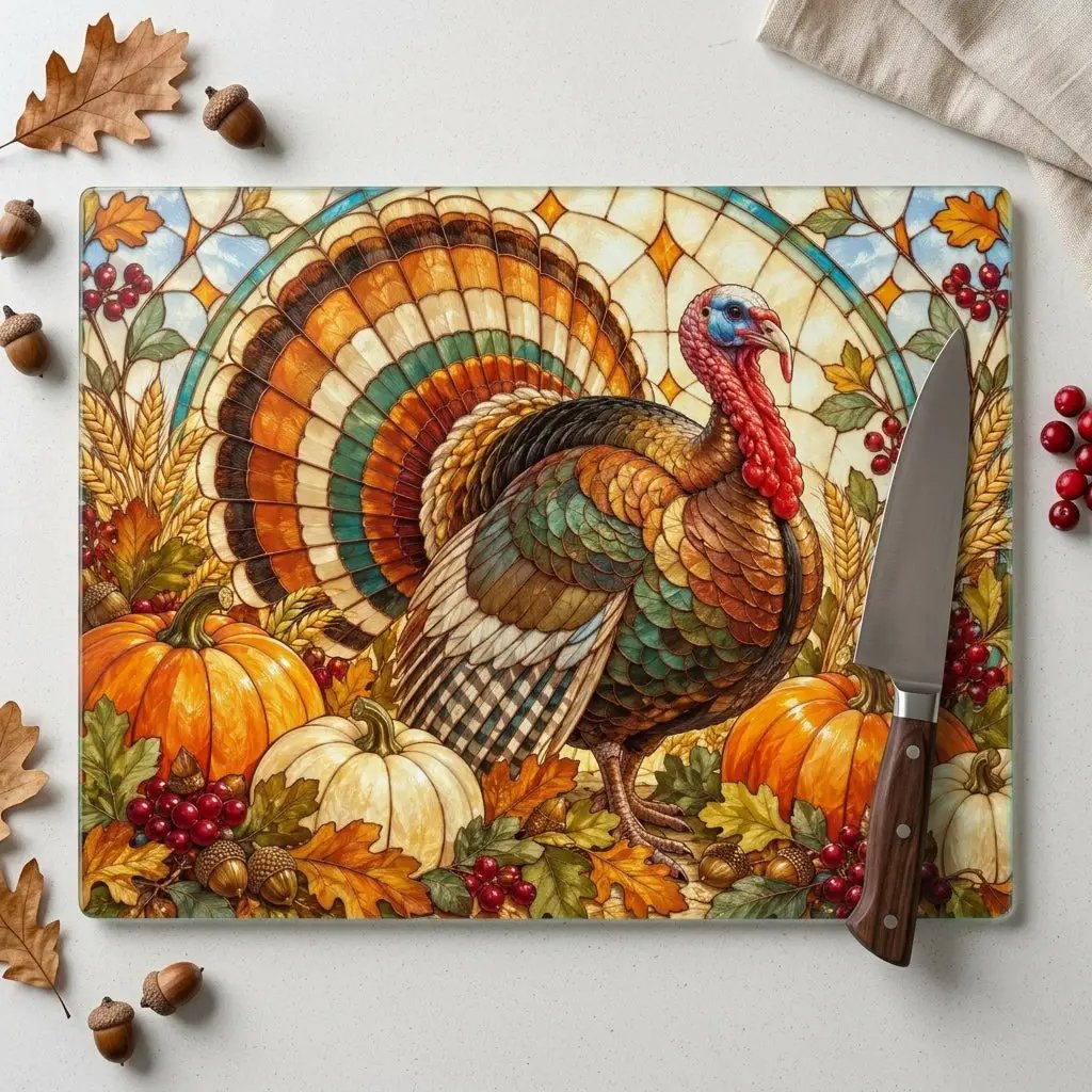 Thanksgiving Turkey Glass Cutting Board, Fall Harvest Kitchen Decor, Pumpkin Turkey Chopping Board, Thanksgiving Hostess Gift