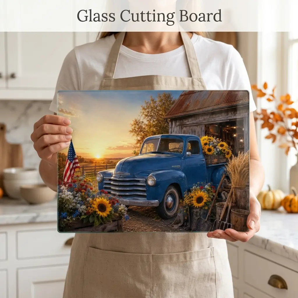 Blue Vintage Truck Glass Cutting Board, Sunflower Farmhouse Kitchen Decor, Country Americana Cutting Board, Rustic Farmhouse Gift