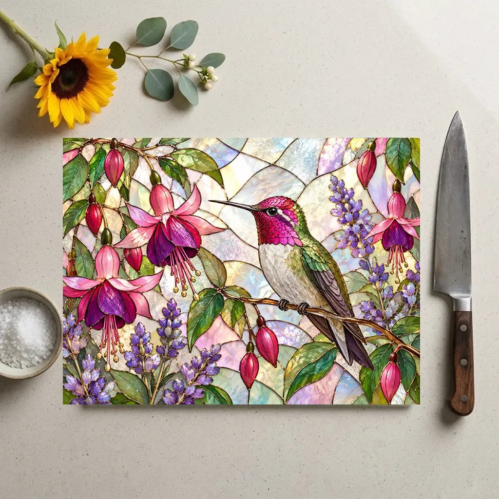 Hummingbird Cutting Board, Stained Glass Hummingbird Decor, Fuchsia Flower Kitchen Decor, Bird Lover Gift, Garden Lover Gift