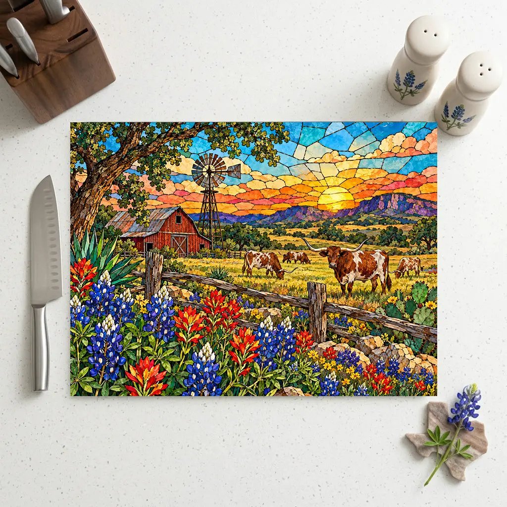 Texas Longhorn Glass Cutting Board, Bluebonnet Ranch Kitchen Decor, Western Farmhouse Gift, Texas Country Decor, Longhorn Cattle Art