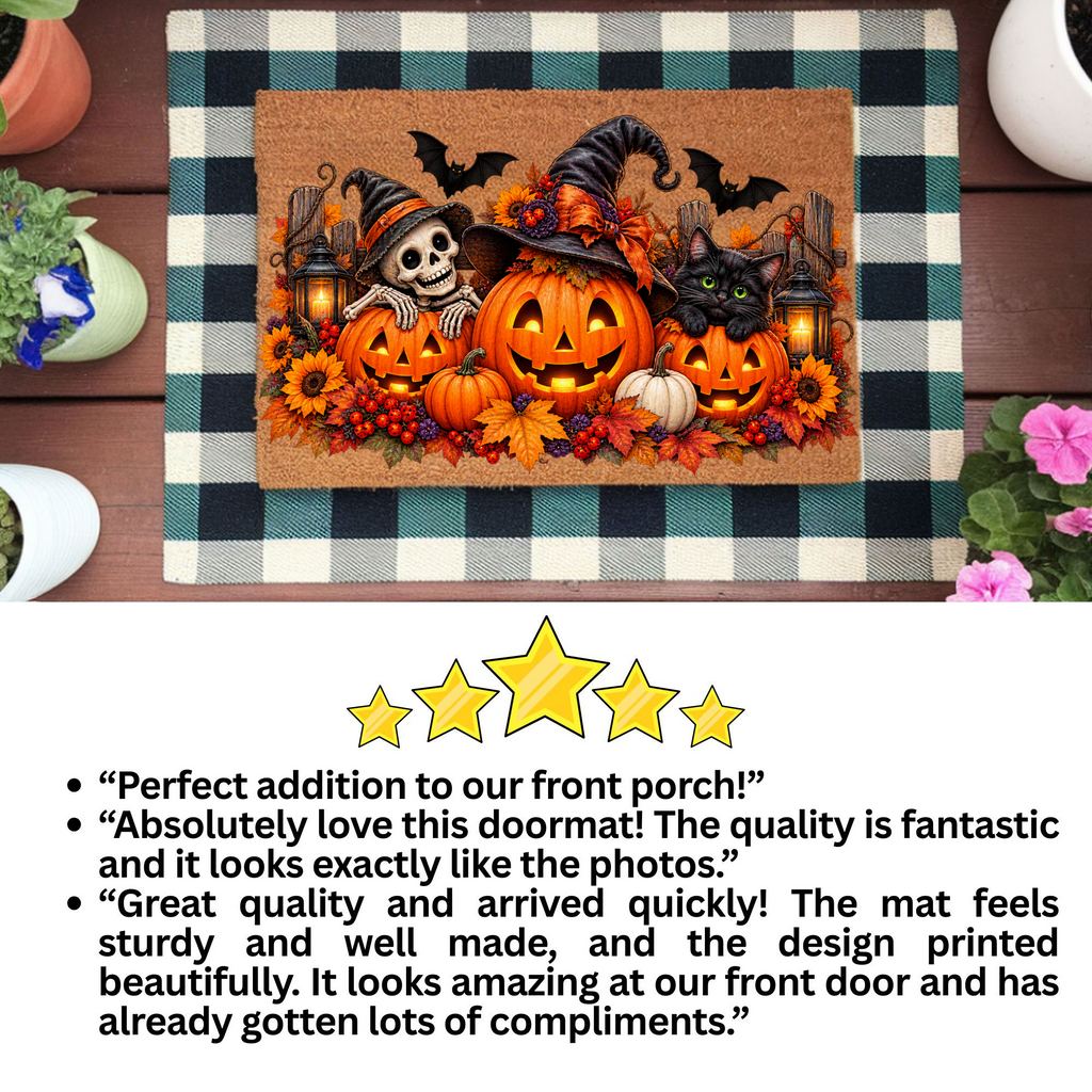 Halloween Doormat, Pumpkin Cat Skeleton Coir Mat, Spooky Fall Welcome Mat, Witch Pumpkin Door Mat, Halloween Porch Decor