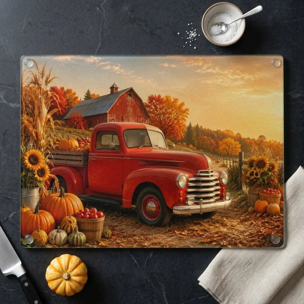 Fall Glass Cutting Board, Red Vintage Truck with Pumpkins and Sunflowers, Autumn Farmhouse Kitchen Decor, Harvest Gift