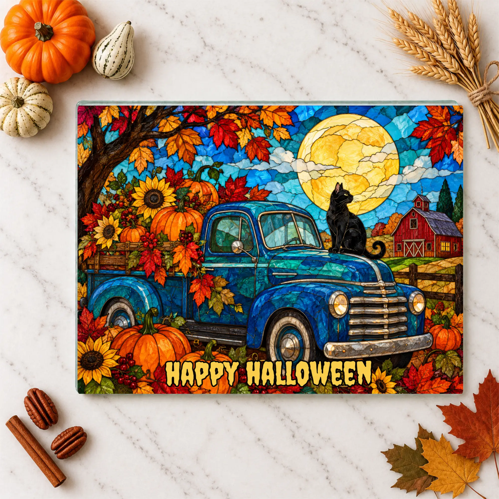 Halloween Fall Truck Personalized Glass Cutting Board, Spooky Pumpkin Kitchen Decor