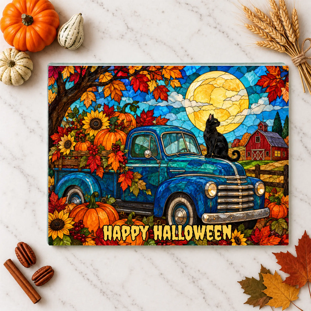 Halloween Fall Truck Personalized Glass Cutting Board, Spooky Pumpkin Kitchen Decor