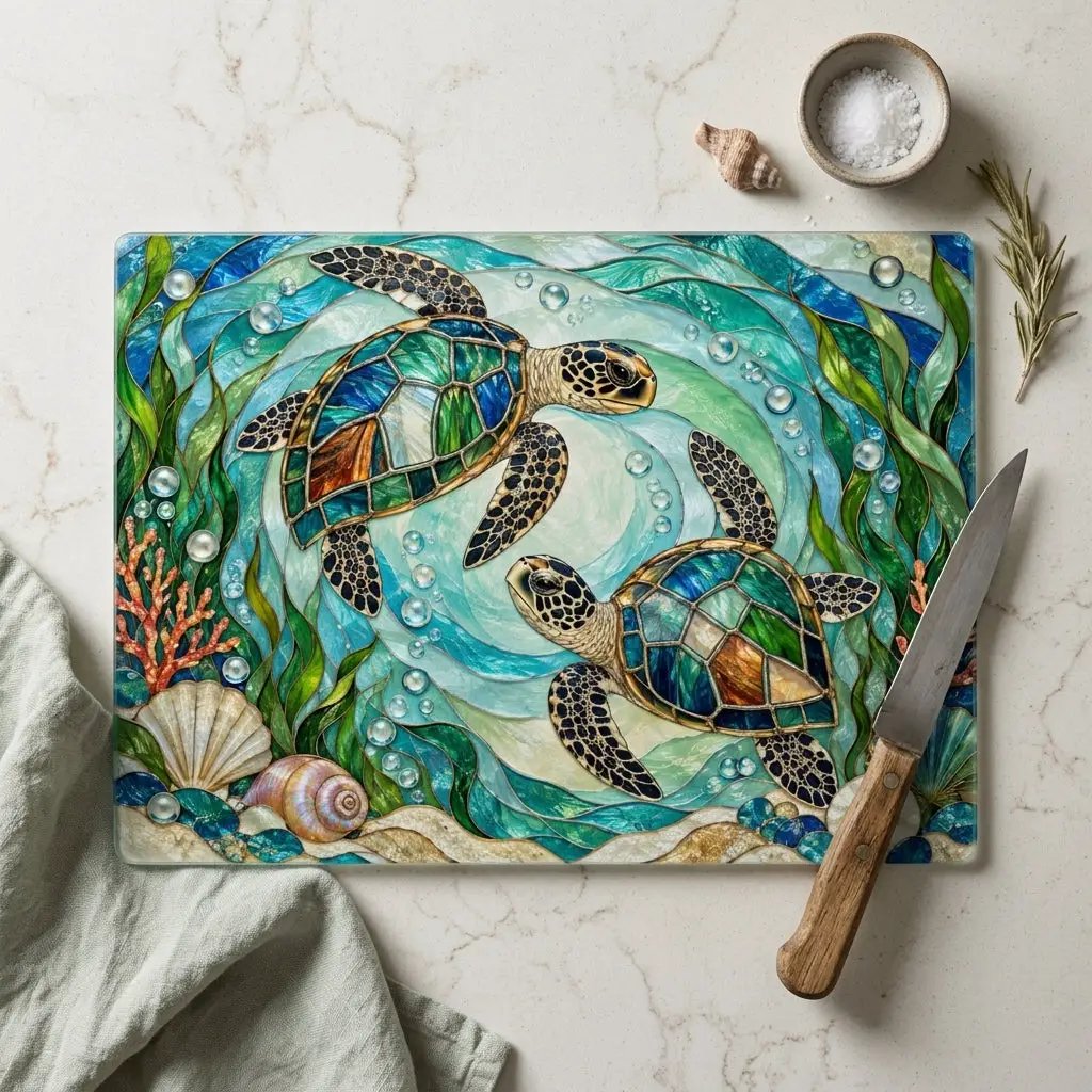 Sea Turtle Glass Cutting Board, Ocean Kitchen Decor, Coastal Serving Board, Marine Life Gift, Sea Lover Kitchen Accessory, Beach House
