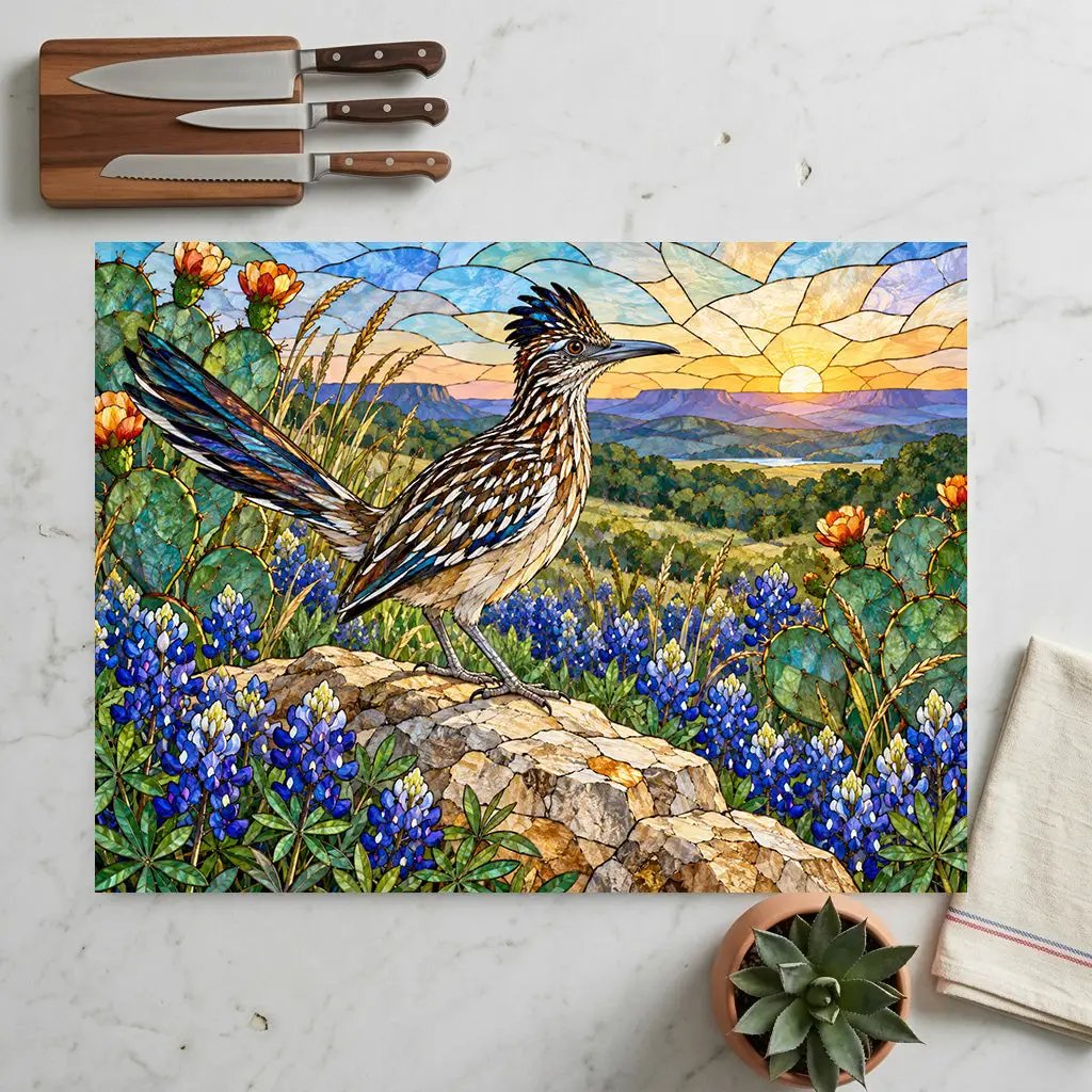 Roadrunner Glass Cutting Board, Southwestern Bird Kitchen Decor, Wildflower Landscape Chopping Board, Nature Lover Gift, Birdwatcher Gift