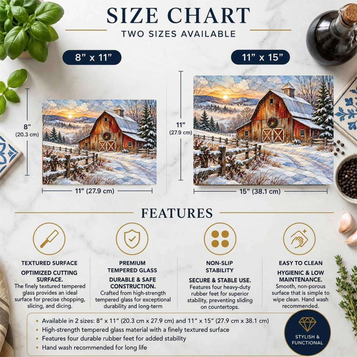 Snowfall Ridge Winter Barn Personalized Cutting Board, Country Farmhouse Kitchen Decor, Stained Glass Farm Scene, Rustic Christmas Gift, Custom Family Gift