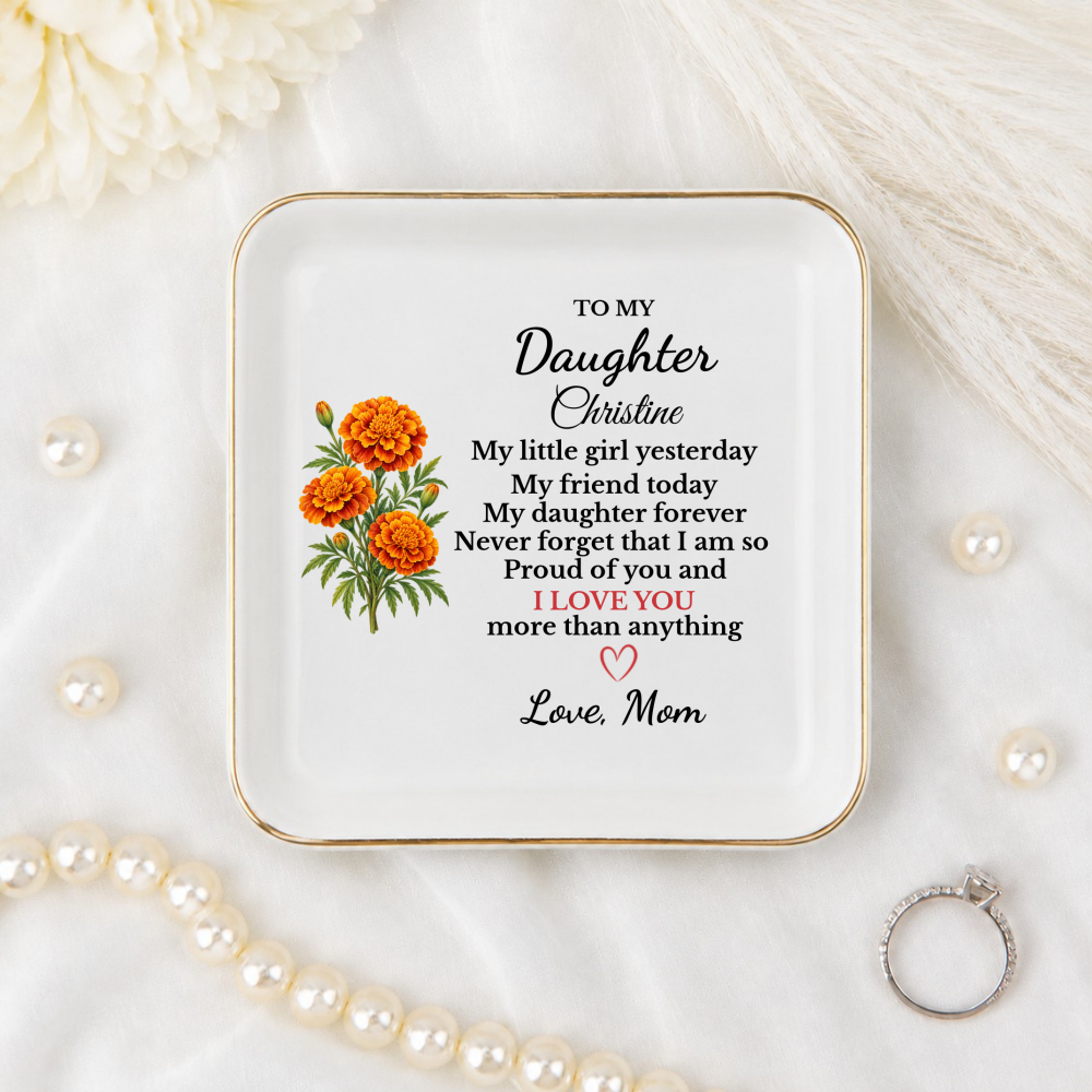 Personalized Daughter Birth Flower Jewelry Dish, Custom Name Trinket Tray, Sentimental Gift from Mom, Birthday Gift for Adult Daughter