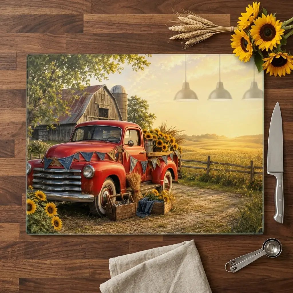 Red Vintage Truck Glass Cutting Board, Sunflower Farmhouse Kitchen Decor, Country Harvest Cutting Board, Rustic Farmhouse Gift