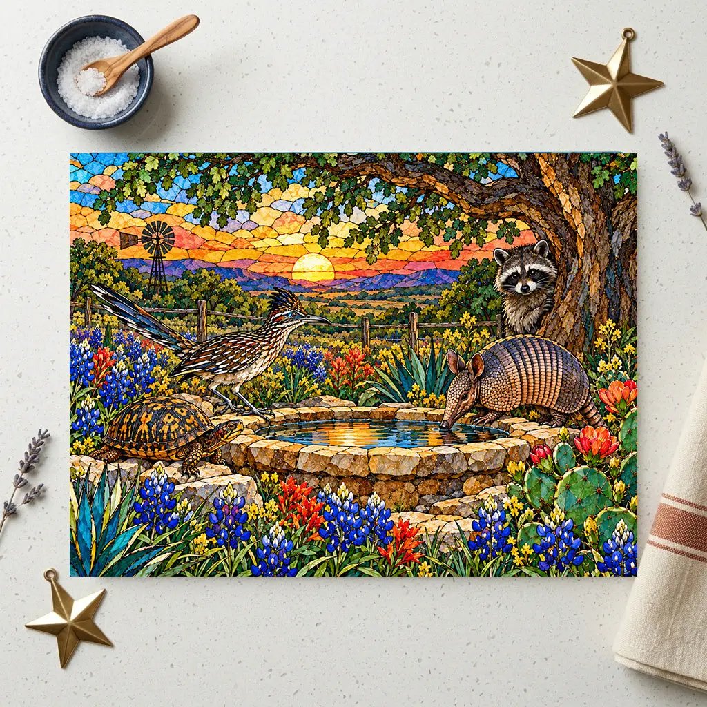 Texas Wildlife Glass Cutting Board, Roadrunner Armadillo Raccoon Bluebonnet Kitchen Decor, Waterhole Texas Gift, Colorful Southwest Art