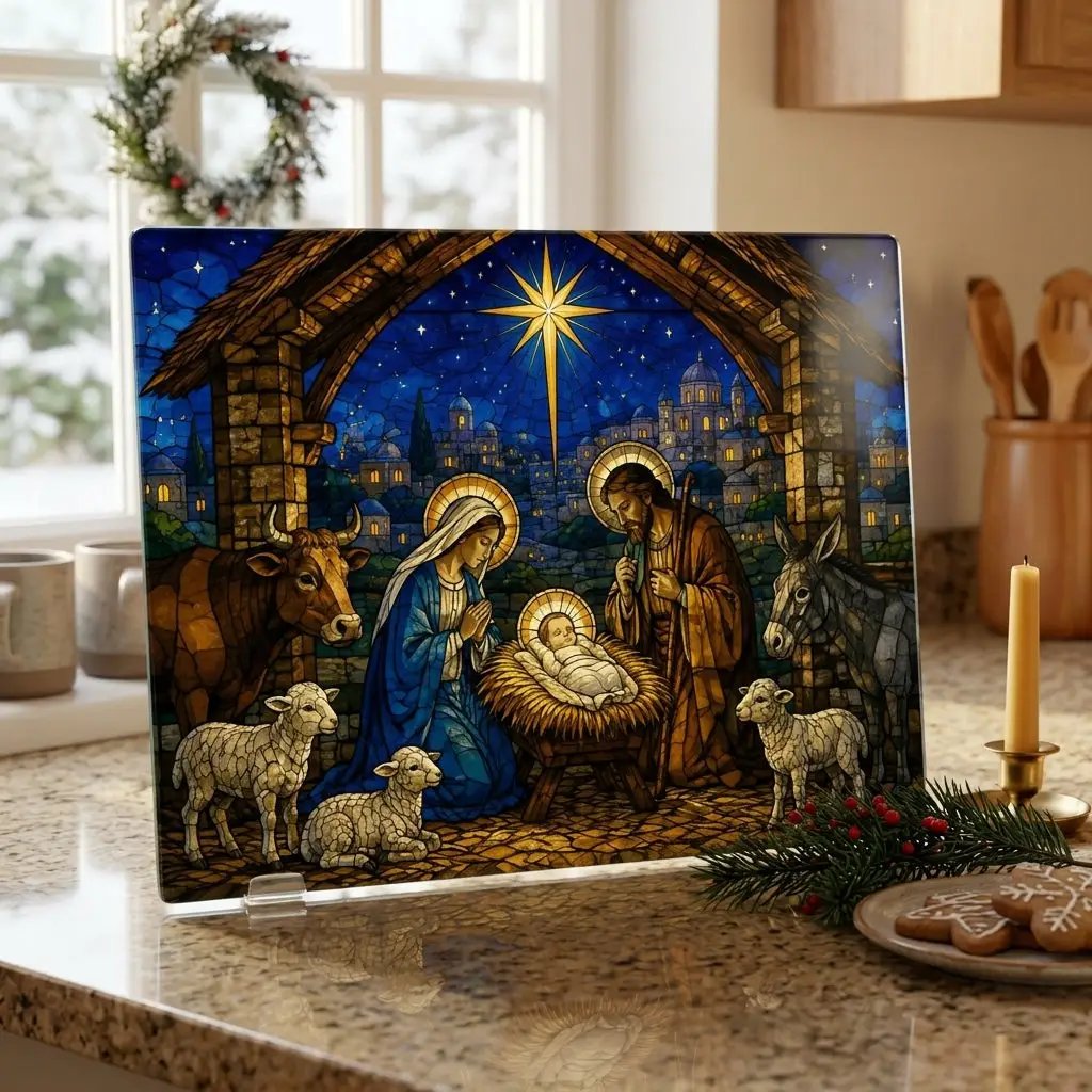 Nativity Glass Cutting Board, Stained Glass Christmas Decor, Holy Family Christian Kitchen Gift, Religious Christmas Cutting Board