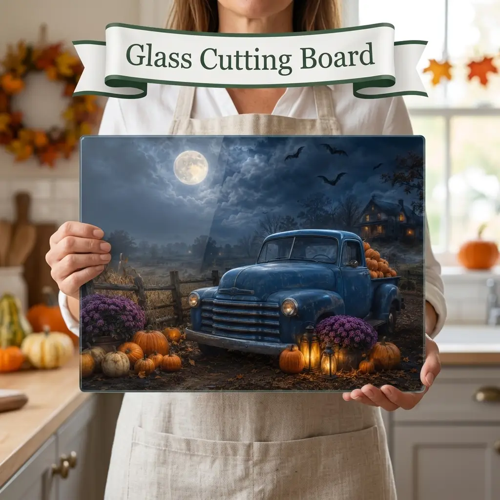 Vintage Blue Truck Halloween Cutting Board, Pumpkin Glass Cutting Board, Haunted House Kitchen Decor, Spooky Farmhouse Halloween Decorumn Kitchen Gift