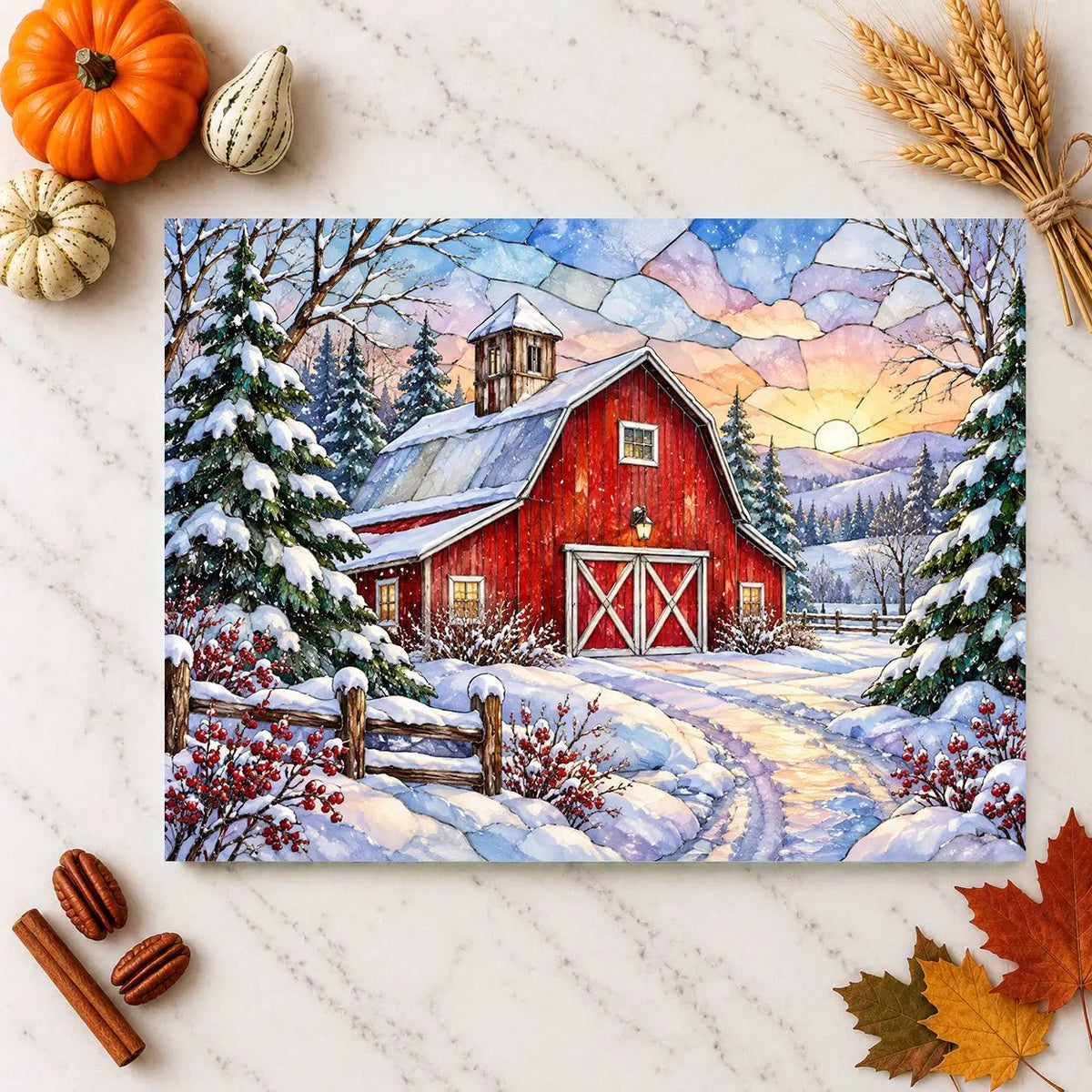 Winter Country Barn Glass Cutting Board, Red Barn Farmhouse Kitchen Decor, Snowy Rustic Country Christmas Gift