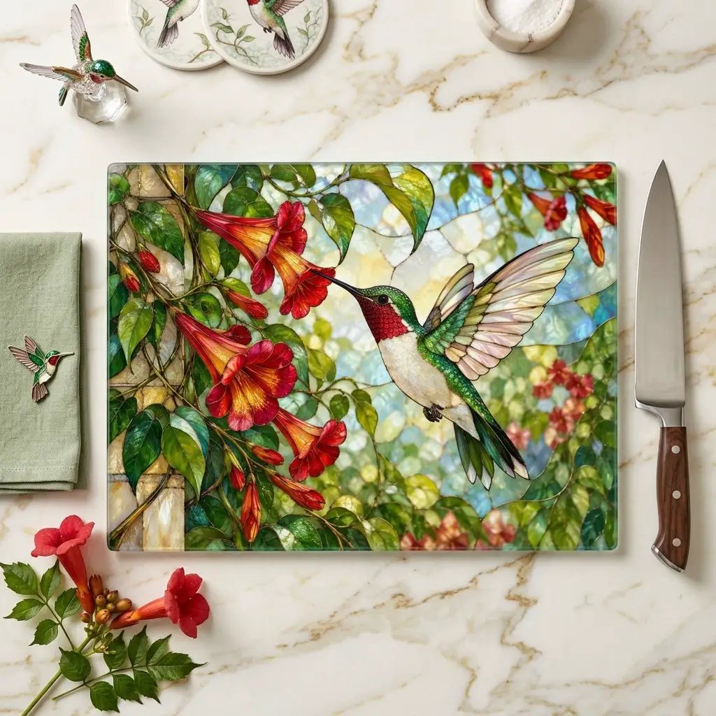 Hummingbird Cutting Board, Stained Glass Hummingbird Decor, Trumpet Vine Kitchen Decor, Bird Lover Gift, Garden Lover Gift