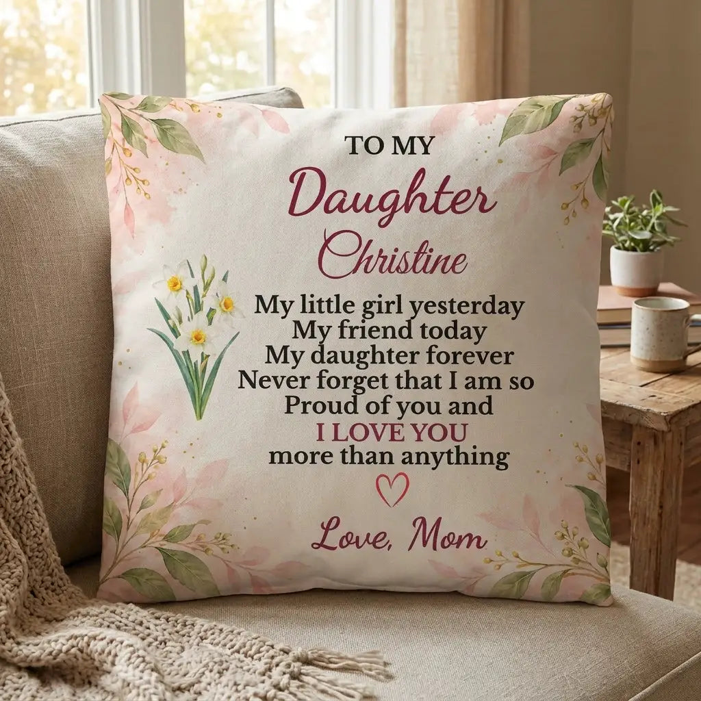 Daughter Personalized Birth Flower Pillow, Custom Name Gift from Mom, Sentimental Daughter Throw Pillow, Birthday Gift for Adult Daughter