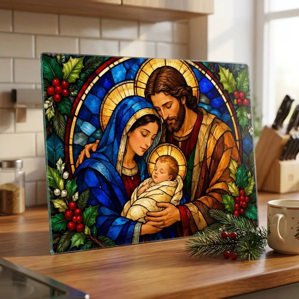 Holy Family Glass Cutting Board, Christian Christmas Gift, Nativity Kitchen Decor, Mary Joseph Baby Jesus, Religious Christmas Decor