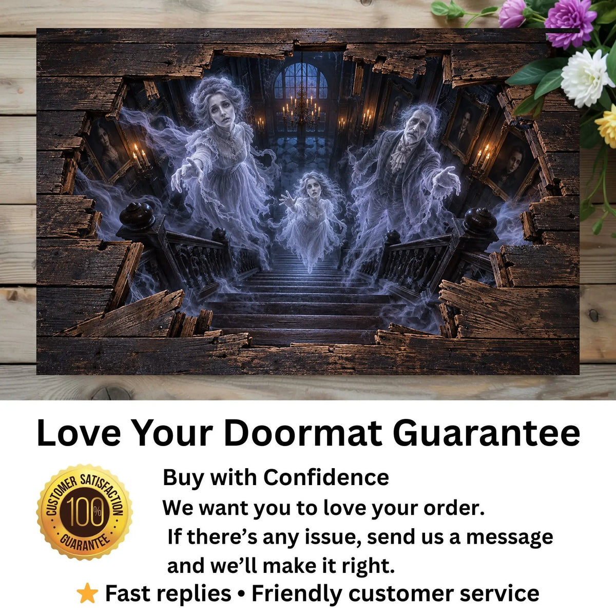 Victorian Ghost 3D Optical Illusion Doormat, Haunted Staircase Floor Mat, Gothic Haunted House Door Mat, Halloween Decor