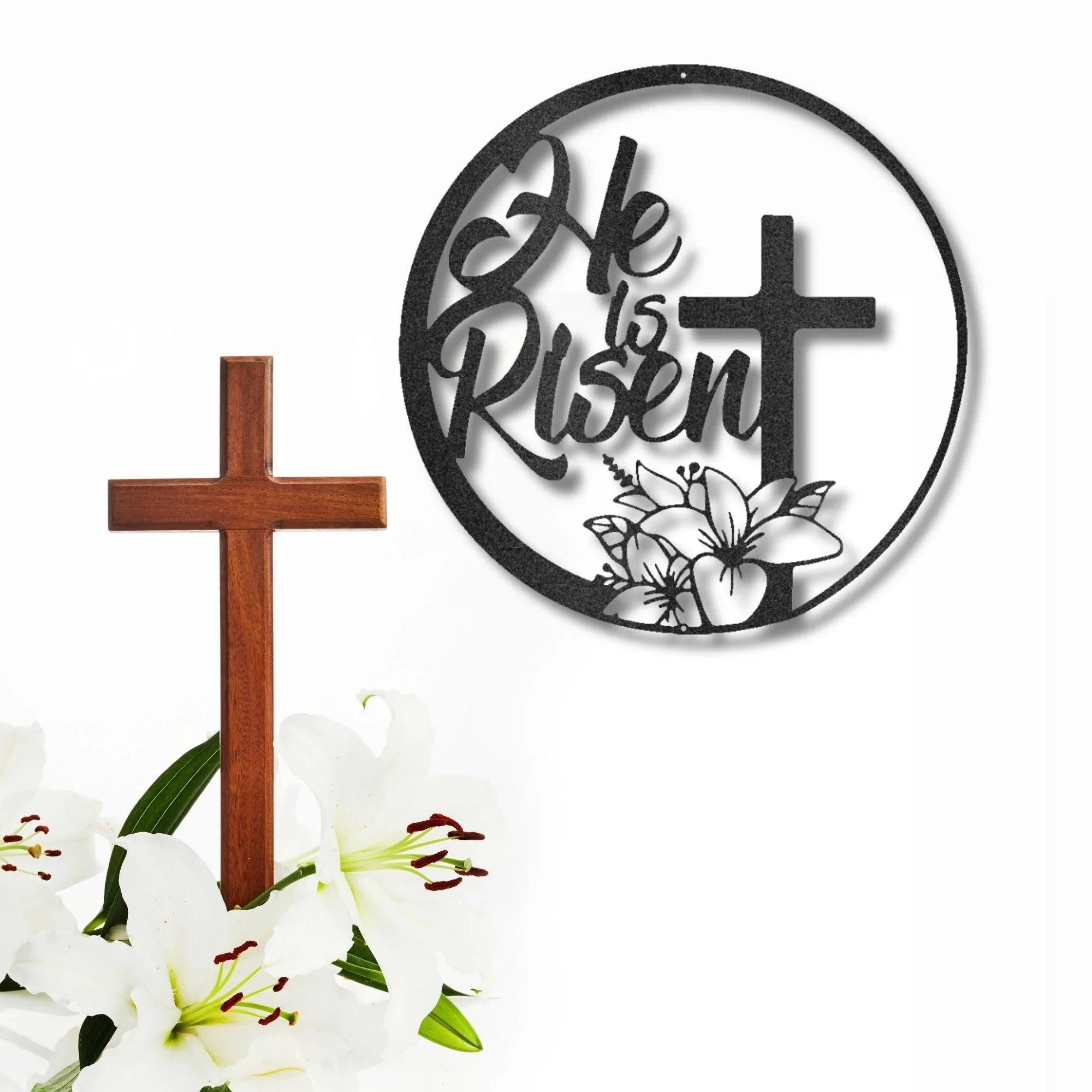 Easter Cross Metal Wall Sign – Christian Home Decor – He Is Risen