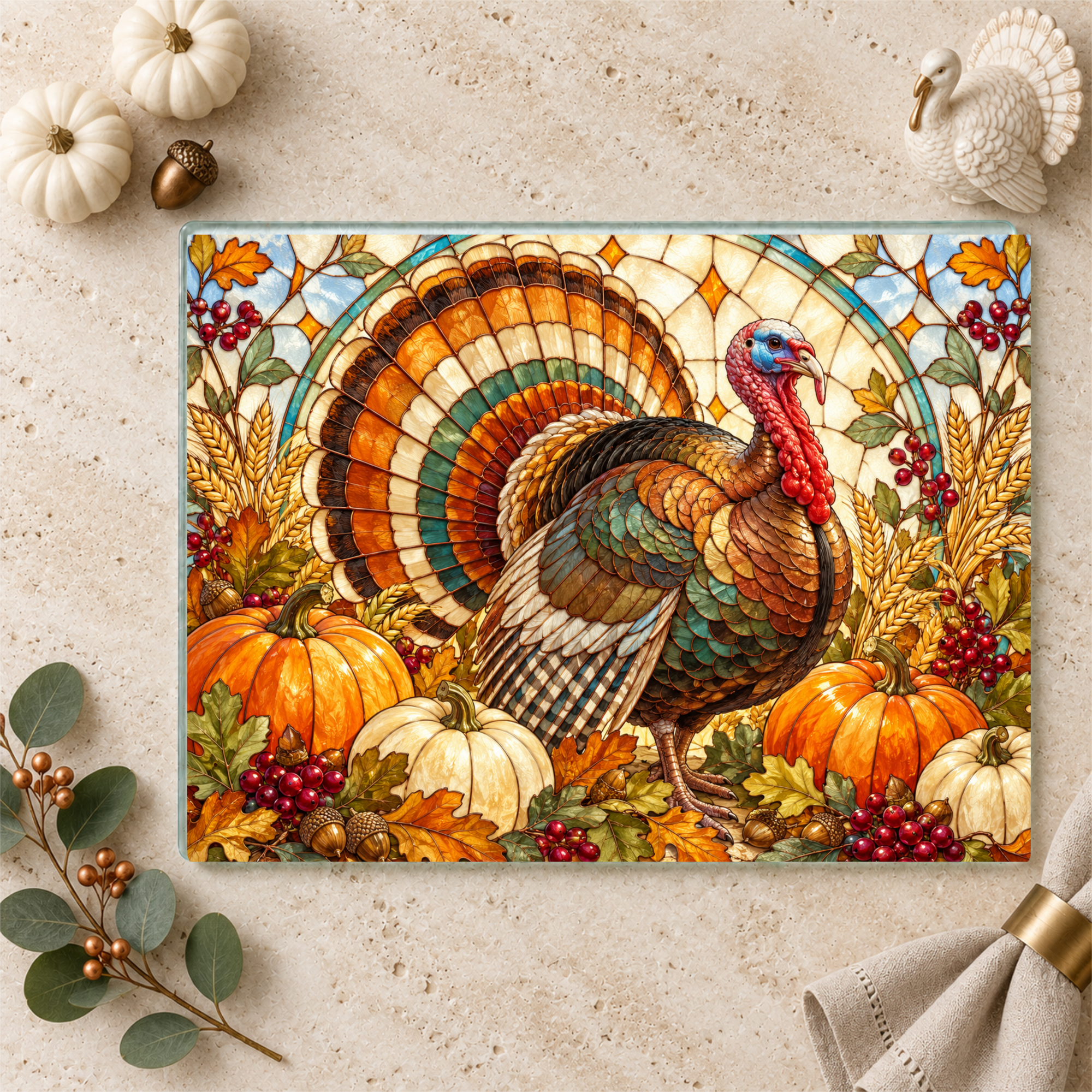 Thanksgiving Turkey Glass Cutting Board, Fall Harvest Kitchen Decor, Pumpkin Turkey Chopping Board, Thanksgiving Hostess Gift