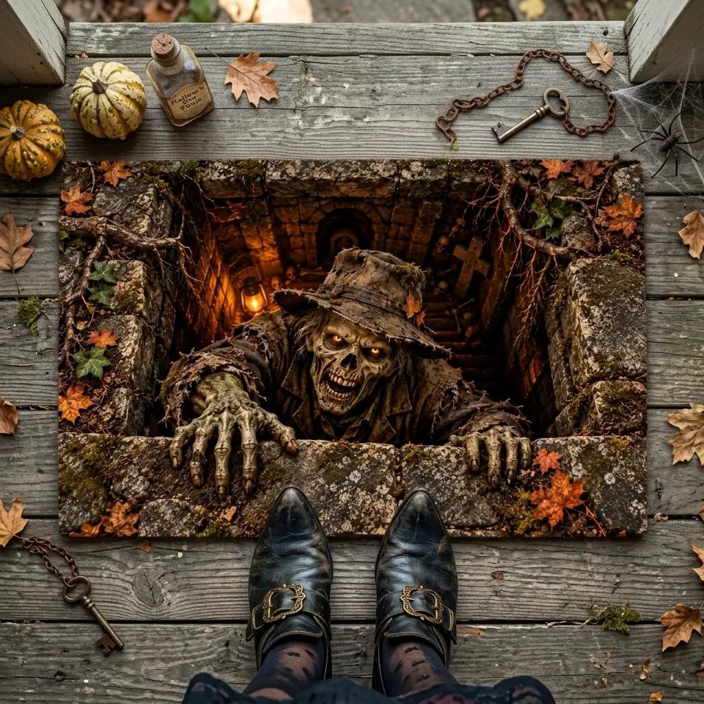 Undead Groundskeeper Halloween Doormat, 3D Zombie Optical Illusion Mat, Creepy Graveyard Door Mat, Haunted Crypt Halloween Decor