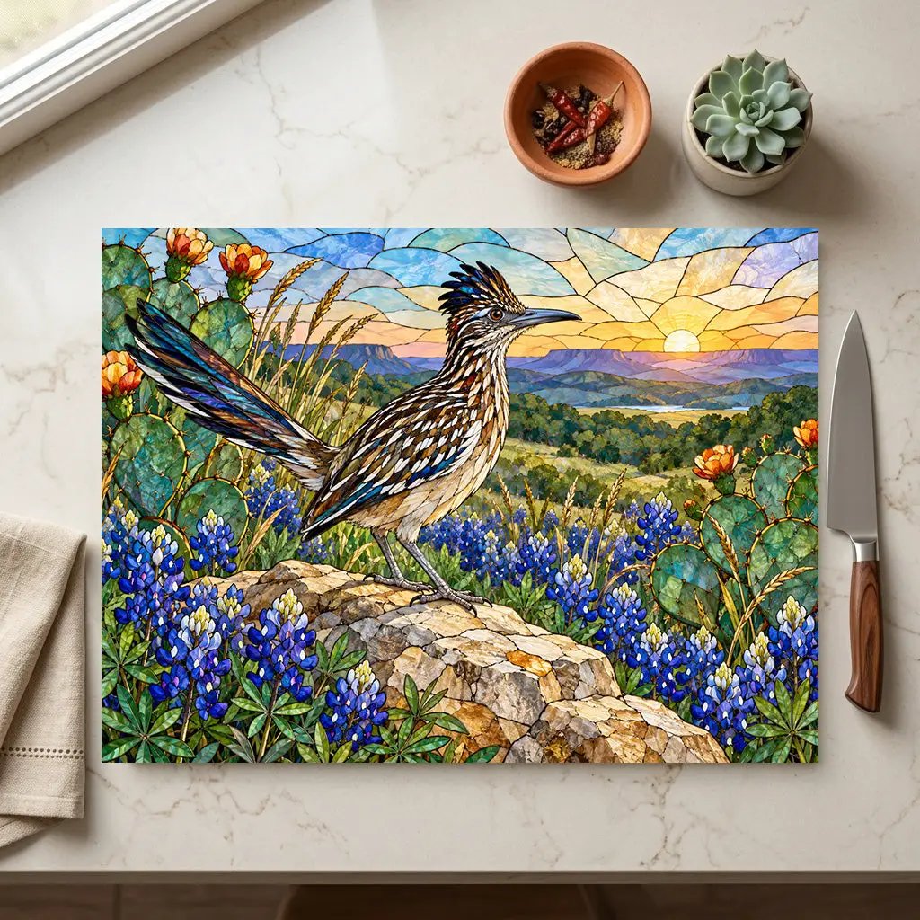 Roadrunner Glass Cutting Board, Southwestern Bird Kitchen Decor, Wildflower Landscape Chopping Board, Nature Lover Gift, Birdwatcher Gift