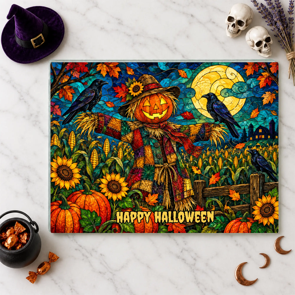 Halloween Scarecrow Personalized Glass Cutting Board, Spooky Pumpkin Kitchen Decor