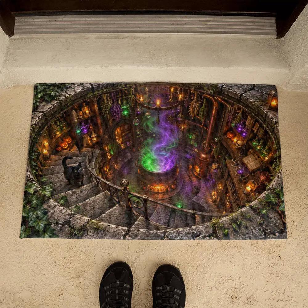 Witch Cauldron Halloween Doormat, 3D Witch Stairwell Illusion Door Mat, Black Cat Spooky Welcome Mat, Witchy Halloween Decor