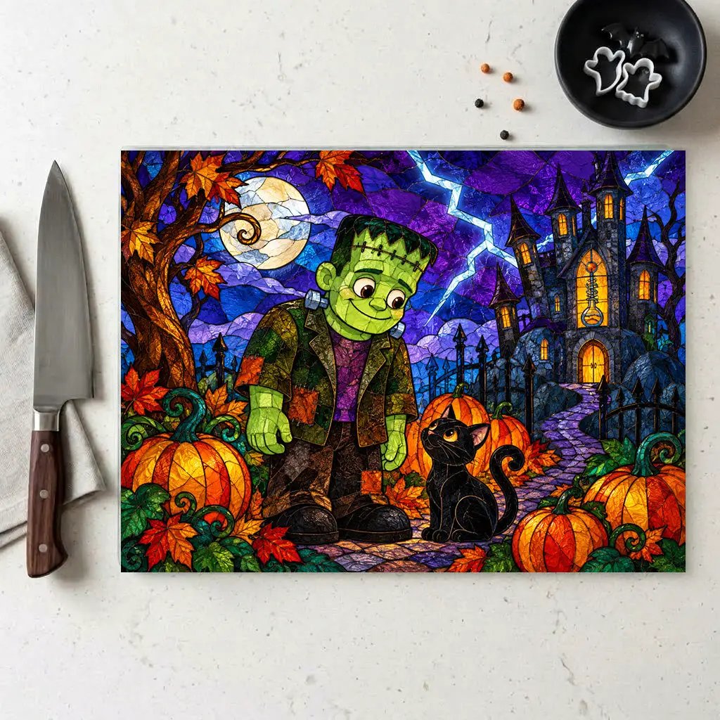 Halloween Monster Personalized Glass Cutting Board, Frankenstein Inspired Kitchen Decor